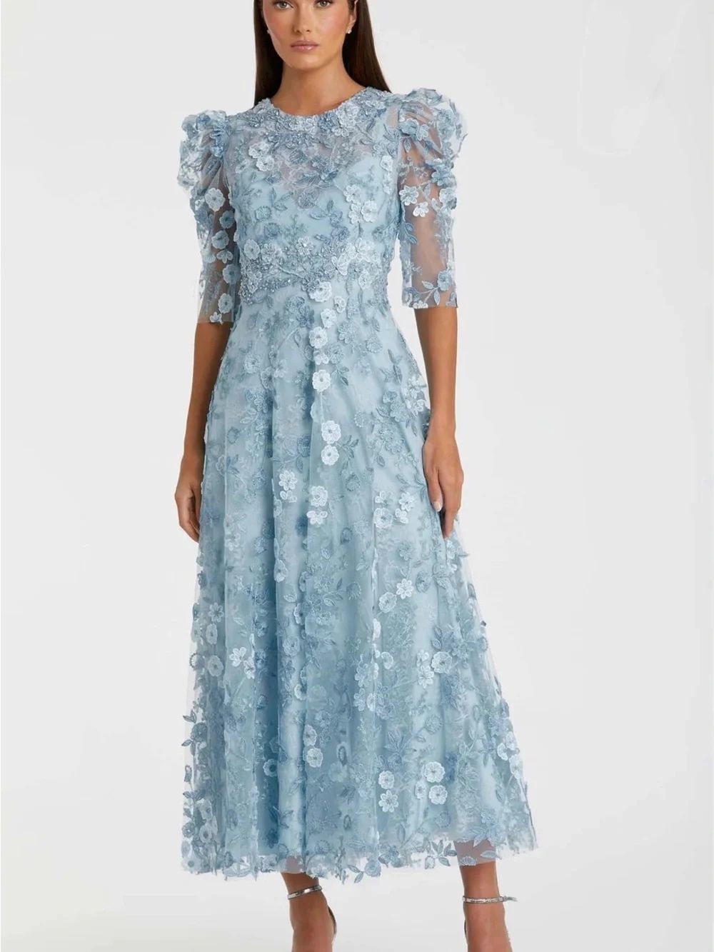 Mac Duggal Floral Appliqué Puff-Sleeve Maxi Dress size 10